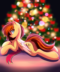 Size: 3511x4166 | Tagged: safe, artist:airiniblock, rcf community, oc, oc only, oc:aerion featherquill, species:pegasus, species:pony, blurred background, christmas, christmas tree, commission, female, high res, holiday, looking back, mare, prone, smiling, tree, ych result
