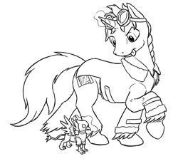 Size: 1364x1234 | Tagged: safe, artist:theandymac, oc, oc only, oc:der, oc:floofy, species:griffon, species:pony, species:unicorn, clothing, coat, construction, duo, goggles, magic, male, micro, monochrome, simple background, tongue out