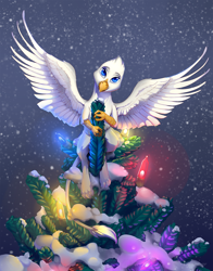 Size: 1234x1571 | Tagged: safe, artist:viwrastupr, oc, oc only, oc:der, species:griffon, christmas, christmas lights, holiday, looking at you, male, micro, snow, solo, spread wings, tree, wings