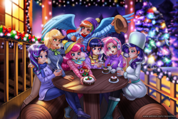 Size: 2000x1333 | Tagged: safe, artist:racoonsan, character:angel bunny, character:applejack, character:fluttershy, character:pinkie pie, character:rainbow dash, character:rarity, character:starlight glimmer, character:twilight sparkle, species:human, species:rabbit, anime, applejack's hat, beautiful, belt, big breasts, blurred background, blushing, boots, breasts, busty fluttershy, busty rarity, cake, chocolate, christmas, christmas lights, christmas tree, clothing, coat, cowboy hat, cupcake, denim, drink, ear piercing, earmuffs, earring, eyelashes, eyeshadow, female, food, happy, hat, high res, holiday, horn, horned humanization, hot chocolate, humanized, jacket, jeans, jewelry, log, makeup, mane six, night, open mouth, outdoors, pants, piercing, santa hat, scarf, shoes, sitting, snow, spread wings, standing, stetson, sweater, sweatershy, tree, turtleneck, ushanka, winged humanization, wings, winter, winter coat