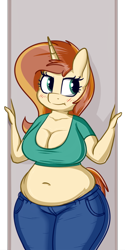 Size: 750x1500 | Tagged: safe, artist:andelai, oc, oc only, oc:celice, species:anthro, species:pony, species:unicorn, anthro oc, belly button, blushing, breasts, chubby, cleavage, clothing, fat, female, jeans, mare, muffin top, pants, simple background, solo, tank top, unamused