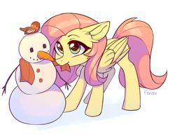 Size: 2048x1590 | Tagged: safe, artist:fensu-san, character:fluttershy, species:bird, species:pegasus, species:pony, carrot, clothing, cute, female, folded wings, food, mare, mouth hold, scarf, shyabetes, simple background, snow, snowman, solo, three quarter view, white background, wings