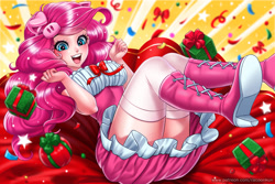 Size: 2000x1333 | Tagged: safe, artist:racoonsan, character:pinkie pie, species:human, anime, boots, clothing, cute, diapinkes, female, happy new year, happy new year 2019, holiday, humanized, nail polish, shoes, skirt, smiling, solo, thighs, upskirt denied, year of the pig, zettai ryouiki