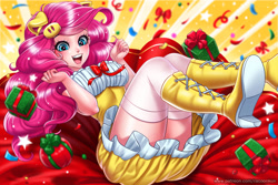 Size: 2000x1333 | Tagged: safe, alternate version, artist:racoonsan, character:pinkie pie, species:human, my little pony:equestria girls, anime, beautiful, boots, clothing, cute, diapinkes, dress, female, happy, happy new year, happy new year 2019, high heel boots, holiday, humanized, nail polish, open mouth, shoes, skirt, smiling, socks, solo, thigh highs, thighs, year of the pig, zettai ryouiki