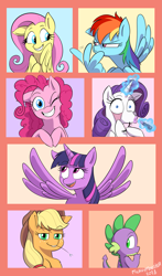 Size: 1917x3269 | Tagged: safe, artist:mickeymonster, character:applejack, character:fluttershy, character:pinkie pie, character:rainbow dash, character:rarity, character:spike, character:twilight sparkle, character:twilight sparkle (alicorn), species:alicorn, species:dragon, species:earth pony, species:pegasus, species:pony, species:unicorn, clothing, cowboy hat, expressions, eyelid pull, female, freckles, glowing horn, hat, lipstick, magic, mane seven, mane six, mare, one eye closed, silly face, smiling, spread wings, stetson, wings, wink
