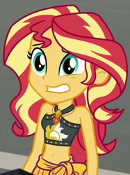 Size: 752x1003 | Tagged: safe, artist:artofmagicpoland, edit, edited screencap, editor:artofmagicpoland, screencap, character:sunset shimmer, episode:x marks the spot, g4, my little pony: equestria girls, my little pony:equestria girls, belly button, clothing, cringing, cropped, female, geode of empathy, magical geodes, sleeveless, solo focus, summer sunset, swimsuit