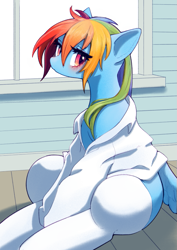 Size: 567x800 | Tagged: safe, artist:unousaya, character:rainbow dash, species:pegasus, species:pony, clothing, cute, dashabetes, female, mare, shirt, socks, solo, stockings, thigh highs