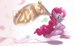 Size: 2500x1536 | Tagged: safe, artist:kurogewapony, character:pinkie pie, species:earth pony, species:pony, 2019, bipedal, colored pupils, female, flag, happy new year, happy new year 2019, holiday, smiling, solo
