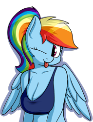 Size: 1300x1700 | Tagged: safe, artist:andelai, character:rainbow dash, species:anthro, species:pegasus, g4, ;p, adorasexy, alternate hairstyle, big breasts, breasts, busty rainbow dash, cleavage, clothing, cute, female, mare, one eye closed, ponytail, sexy, simple background, solo, tank top, tongue out, transparent background, wink