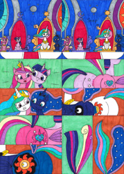 Size: 3037x4231 | Tagged: safe, artist:eternaljonathan, commissioner:bigonionbean, writer:bigonionbean, character:discord, character:princess cadance, character:princess celestia, character:princess luna, character:twilight sparkle, character:twilight sparkle (alicorn), oc, oc:princess cadence sparkle, oc:princess eclipse, species:alicorn, species:pony, comic:princess fusion, body horror, comic, confused, confusion, cutie mark, forced, fusion, fusion:princess cadence sparkle, fusion:princess eclipse, magic, merge, merging, plot, tail, thicc ass