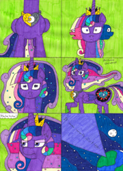 Size: 3044x4233 | Tagged: safe, artist:eternaljonathan, commissioner:bigonionbean, writer:bigonionbean, character:discord, character:princess cadance, character:princess celestia, character:princess luna, character:twilight sparkle, character:twilight sparkle (alicorn), oc, oc:princess cadence sparkle, oc:princess eclipse, oc:princess universe, species:alicorn, species:pony, comic:princess fusion, annoyed, body horror, confused, embarrassed, fusion, fusion:princess cadence sparkle, fusion:princess eclipse, fusion:princess universe, magic, merge, merging, nervous, original character do not steal, plot, royalty, tail, thicc ass