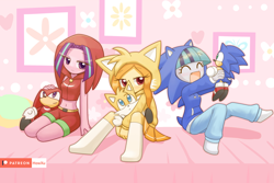 Size: 1500x1000 | Tagged: safe, artist:howxu, character:adagio dazzle, character:aria blaze, character:sonata dusk, character:sonic the hedgehog, my little pony:equestria girls, adoragio, ariabetes, belly button, blushing, clothing, costume, crossover, cute, eyes closed, female, hoodie, howxu is trying to murder us, kigurumi, knuckles the echidna, midriff, miles "tails" prower, open mouth, plushie, sega, shorts, skirt, socks, sonatabetes, sonic the hedgehog (series), the dazzlings, toy, upskirt denied, weapons-grade cute
