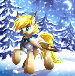Size: 4069x4087 | Tagged: safe, artist:airiniblock, rcf community, oc, oc only, species:pegasus, species:pony, absurd resolution, clothing, commission, crescent moon, cute, fir tree, forest, moon, ocbetes, raised hoof, smiling, snow, snowfall, snowflake, solo, tree, winter