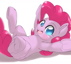 Size: 1722x1536 | Tagged: safe, artist:kurogewapony, character:pinkie pie, species:earth pony, species:pony, colored pupils, cute, diapinkes, female, frog (hoof), looking at you, mare, on back, simple background, smiling, solo, underhoof, white background
