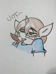Size: 727x969 | Tagged: safe, artist:paper view of butts, oc, oc:paper butt, species:pony, species:unicorn, blushing, clothing, color, comic, dialogue, glasses, horn, shirt, traditional art