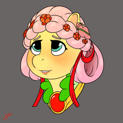 Size: 4000x4000 | Tagged: safe, artist:mr.smile, character:fluttershy, species:pegasus, species:pony, alternate hairstyle, blushing, female, flower, flower in hair, gray background, lipstick, mare, ribbon, simple background, solo