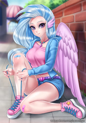 Size: 900x1286 | Tagged: safe, artist:racoonsan, character:silverstream, species:human, season 8, spoiler:s08, bandaid, belly button, belt, big breasts, blurred background, blushing, breasts, busty silverstream, clothing, converse, cute, denim, denim shorts, diastreamies, eared humanization, eyelashes, female, hoodie, humanized, jewelry, legs, long nails, looking at you, midriff, nail polish, necklace, outdoors, seashell, shadow, shoes, shorts, sitting, smiling, sneakers, solo, tying shoes, wing ears, winged humanization, wings