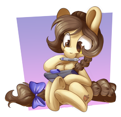 Size: 5423x5209 | Tagged: safe, artist:cutepencilcase, oc, species:pony, absurd resolution, bow, braid, chest fluff, commission, drawing, drawing tablet, simple background, stylus, tail bow, transparent background, underhoof