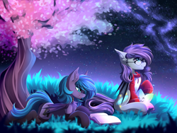 Size: 4444x3333 | Tagged: safe, artist:airiniblock, rcf community, oc, oc only, oc:belfry towers, species:bat pony, species:pony, bat pony oc, book, clothing, color porn, commission, duo, fangs, female, glasses, grass, mare, night, smiling, socks, stars, sweater, tree