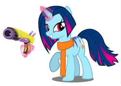 Size: 786x557 | Tagged: safe, artist:flash equestria photography, oc, oc only, oc:pluto planitia, species:pony, species:unicorn, action pose, clothing, grin, looking at you, magic, ray gun, scarf, smiling, telekinesis, weapon