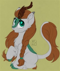 Size: 1694x2000 | Tagged: safe, artist:airfly-pony, rcf community, oc, oc:scarlett drop, species:kirin, species:pony, braid, cute, female, horn, looking up, open mouth, pigtails, ponytail, solo, style emulation