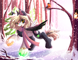 Size: 5102x3961 | Tagged: safe, artist:airiniblock, rcf community, oc, oc only, species:bird, absurd resolution, clothing, commission, female, forest, glowing hooves, robin, scarf, snow, snowfall, solo, squirrel, tree, unknown species, unshorn fetlocks