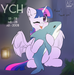 Size: 2924x2970 | Tagged: safe, artist:airfly-pony, rcf community, character:twilight sparkle, character:twilight sparkle (alicorn), species:alicorn, species:pony, blåhaj, cheek fluff, commission, crying, cute, ear fluff, explicit source, eye clipping through hair, female, looking up, one eye closed, shark, shark plushie, shark toy, solo, starry eyes, teary eyes, toy, twiabetes, wingding eyes, your character here