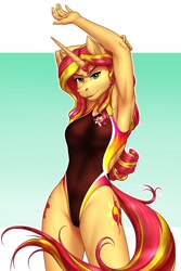 Size: 1900x2850 | Tagged: safe, artist:mykegreywolf, character:sunset shimmer, species:anthro, species:unicorn, g4, my little pony:equestria girls, armpits, breasts, clothing, female, gradient background, high-cut clothing, hoers, looking at you, mare, one-piece swimsuit, open-back swimsuit, simple background, smiling, solo, sports, sports swimsuit, stretching, swimsuit, three quarter view