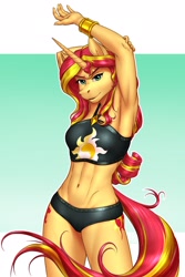 Size: 1900x2850 | Tagged: safe, alternate version, artist:mykegreywolf, character:sunset shimmer, species:anthro, species:pony, species:unicorn, abs, armpits, belly button, bikini, bracelet, breasts, clothing, female, hoers, jewelry, mare, midriff, smiling, solo, sports, stretching, summer sunset, swimsuit, toned
