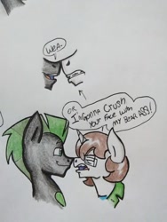 Size: 690x920 | Tagged: safe, artist:paper view of butts, oc, oc:cyrax, oc:paper butt, species:pony, boop, clothing, colored, comic, dialogue, glasses, horn, jacket, male, nose to nose, noseboop, stallion, traditional art