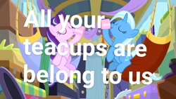 Size: 1080x607 | Tagged: safe, artist:artofmagicpoland, edit, edited screencap, screencap, character:starlight glimmer, character:trixie, species:pony, episode:best gift ever, g4, my little pony: friendship is magic, all your base are belong to us, cup, meme, teacup, text edit