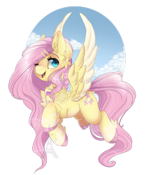 Size: 2240x2676 | Tagged: safe, artist:pvrii, character:fluttershy, species:pegasus, species:pony, chest fluff, cloud, cute, female, mare, one eye closed, open mouth, shoulder feathers, shyabetes, simple background, sky, solo, spread wings, three quarter view, transparent background, unshorn fetlocks, wings, wink