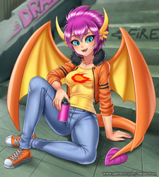 Size: 1000x1110 | Tagged: safe, artist:racoonsan, character:smolder, species:human, season 8, spoiler:s08, anime, breasts, busty smolder, clothing, converse, cute, female, horned humanization, humanized, jacket, jeans, looking at you, older, open mouth, pants, shirt, shoes, smolderbetes, sneakers, solo, spray can, spray paint, stairs, tailed humanization, winged humanization, wings