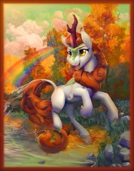 Size: 5725x7300 | Tagged: safe, artist:viwrastupr, character:autumn blaze, species:kirin, episode:sounds of silence, g4, my little pony: friendship is magic, absurd resolution, cloud, cloven hooves, colored hooves, female, open mouth, rainbow, rearing, rock, solo, tree, water