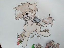 Size: 1292x969 | Tagged: safe, artist:paper view of butts, oc, oc:duck witz, species:earth pony, species:pony, blushing, burger, chubby, clothing, colored, cute, drink, fat, food, french fries, glasses, soda, traditional art