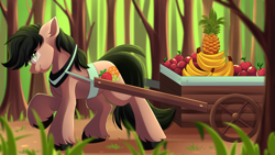Size: 4767x2697 | Tagged: safe, artist:airiniblock, rcf community, oc, oc only, oc:fruitsallad, species:earth pony, species:pony, apple, banana, commission, food, forest, fruit, glasses, hooves, male, pineapple, smiling, solo, stallion, wagon