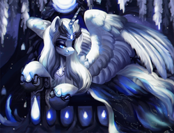 Size: 672x513 | Tagged: safe, artist:dolorosacake, oc, oc only, oc:saint light, species:alicorn, species:pony, alicorn oc, cape, clothing, commission, crystal, female, fluffy, hoof shoes, jewelry, large butt, lightly watermarked, loyalty, lying down, mare, moon, regalia, solo, spread wings, throne, watermark, wing fluff, wings