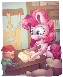 Size: 3942x4828 | Tagged: safe, artist:cutepencilcase, character:pinkie pie, species:earth pony, species:pony, apron, baking, book, bottle, clothing, digital art, dough, female, flour, hoof hold, jar, mare, measuring cup, rolling pin, semi-anthro, smiling, solo, table, whisk, wooden spoon