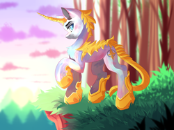 Size: 4444x3333 | Tagged: safe, artist:airiniblock, rcf community, oc, oc only, species:pony, absurd resolution, armor, commission, curved horn, grass, horn, raised hoof, scenery, smiling, solo, tree, unknown species
