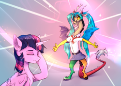 Size: 1794x1275 | Tagged: safe, artist:vincher, character:discord, character:twilight sparkle, character:twilight sparkle (alicorn), species:alicorn, species:draconequus, species:pony, anime, belt, clothing, cosplay, costume, crossdressing, everlasting summer, facehoof, femboy discord, hatsune miku, pigtails, pioneer, skirt, twintails, vocaloid