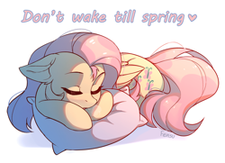 Size: 1424x1033 | Tagged: safe, artist:fensu-san, character:fluttershy, species:pegasus, species:pony, cute, dawwww, eyes closed, female, mare, pillow, shyabetes, sleeping, solo, text