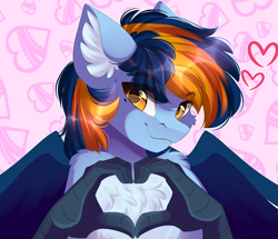 Size: 4426x3798 | Tagged: safe, artist:airiniblock, rcf community, oc, oc only, oc:skysail, species:hippogriff, abstract background, absurd resolution, bust, cheek fluff, chest fluff, commission, cute, ear fluff, heart, heart hands, hippogriff oc, looking at you, male, ocbetes, smiling, solo, spread wings, wavy mouth, wings