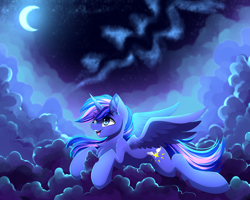 Size: 5555x4444 | Tagged: safe, artist:airiniblock, rcf community, oc, oc only, oc:night shine, species:alicorn, species:pony, absurd resolution, alicorn oc, cloud, commission, crescent moon, female, mare, moon, night, open mouth, solo, transparent moon