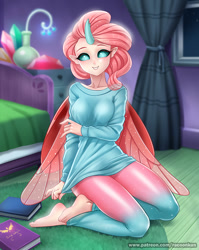 Size: 796x1000 | Tagged: safe, artist:racoonsan, character:ocellus, species:changeling, species:human, species:reformed changeling, season 8, barefoot, bed, book, breasts, busty ocellus, clothing, curtains, cute, diaocelles, feet, female, horned humanization, humanized, kneeling, moe, older, older ocellus, smiling, solo, window, winged humanization, wings