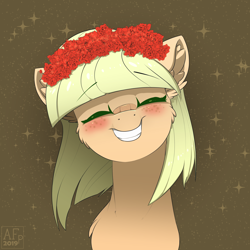 Size: 3500x3500 | Tagged: safe, artist:airfly-pony, derpibooru original, rcf community, oc, oc only, species:earth pony, species:pony, abstract background, blushing, bust, cheek fluff, cute, ear fluff, eyes closed, female, floral head wreath, flower, flower in hair, fluffy, freckles, grin, happy, mare, not applejack, ocbetes, portrait, shoulder fluff, smiling, solo, sparkles, squee, stars, teeth