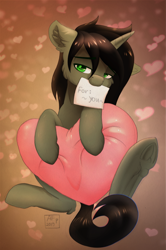 Size: 1313x1979 | Tagged: safe, artist:airfly-pony, derpibooru original, rcf community, oc, oc only, oc:black braunly tail, species:pony, species:unicorn, bedroom eyes, digital art, ear fluff, heart, holiday, hug, looking at camera, looking at you, male, pillow, pillow hug, shadow, smiling, solo, stallion, tradigital art, traditional art, underhoof, valentine, valentine's day, valentine's day card