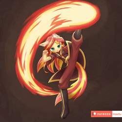 Size: 1000x1000 | Tagged: safe, artist:howxu, character:sunset shimmer, species:anthro, species:plantigrade anthro, :o, abstract background, anime style, avatar the last airbender, azula, boots, clothing, cosplay, costume, cute, ear fluff, eyebrows, eyebrows visible through hair, female, fiery shimmer, fire, fire nation, firebending, floating eyebrows, floppy ears, glare, kicking, looking at you, martial arts, open mouth, patreon, patreon logo, shimmerbetes, shoes, solo, the legend of korra, zuko