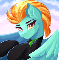 Size: 3445x3499 | Tagged: safe, artist:airiniblock, rcf community, character:lightning dust, species:pegasus, species:pony, episode:the washouts, g4, my little pony: friendship is magic, bust, clothing, cloud, ear fluff, female, flying, looking at you, mare, sky, solo, spread wings, uniform, washouts uniform, wings