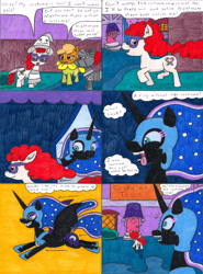 Size: 3258x4406 | Tagged: safe, artist:eternaljonathan, character:nightmare moon, character:princess luna, species:pony, comic, deviantart, nightmare night, ponyville, traditional art