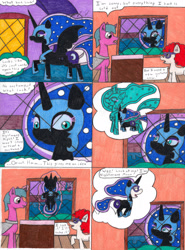 Size: 3267x4409 | Tagged: safe, artist:eternaljonathan, character:nightmare moon, character:princess luna, species:pony, clothing, comic, costume, daydream, deviantart, nightmare night, ponyville, traditional art, transformation